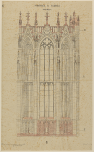217434 Aanzicht van de westzijde het achtkant van de Domtoren te Utrecht. (ingekleurde en van enkele aantekeningen ...